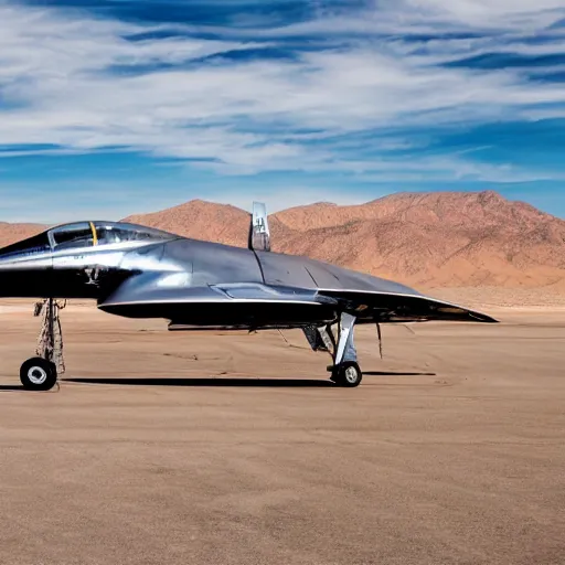 Prompt: Chrome F4 Phantom, chrome fighter jet, shiny, reflective, parked in Nevada desert, ultra high detail