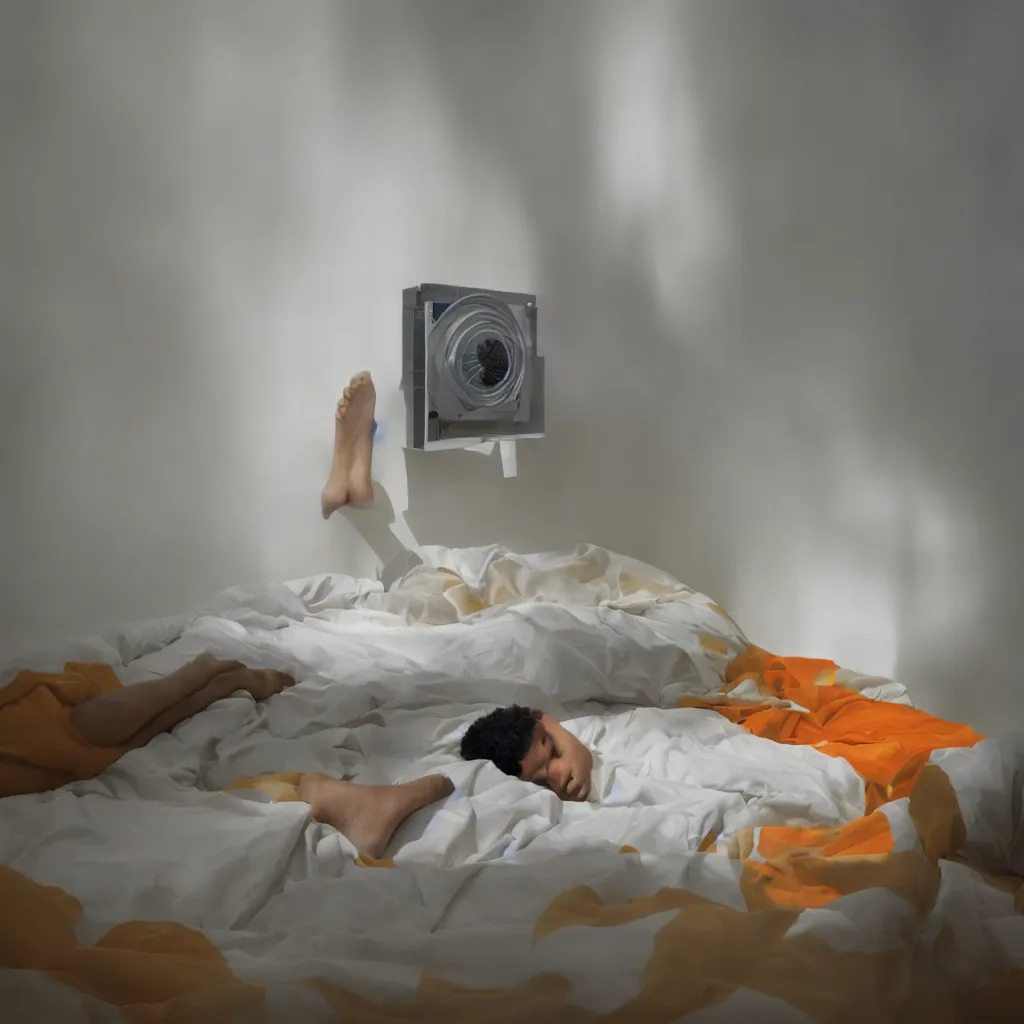 Prompt: close - up on an air - conditioning with a blurred background of the feet of a teenager lying in a bed in a white room and a window overlooking a garden of orange trees, blurred, depth of field, unframed, by gerhard richter and nadav kander, 8 k hyper realistic detailed cinematic still