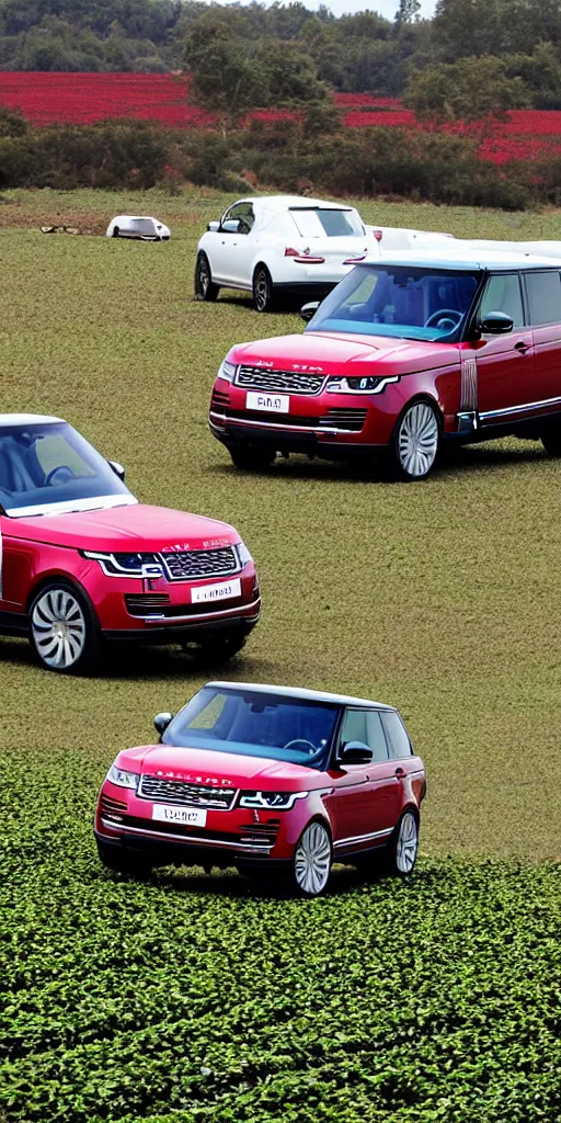 Image similar to A range rover supercharged in the middle of a strawberry field