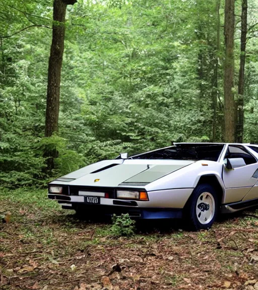 Image similar to 1988 Lamborghini Countach hanging from a tree by invisible force Abandoned in the Woods