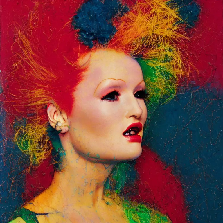 Prompt: close up studio portrait of Cindy Lauper beautiful symmetrical face wearing an Issey Miyake dress in 1985, impasto heavy brushstrokes oil painting by Norman Rockwell and Tim Hawkinson and Cy Twombly, Intense colors trending on artstation dramatic lighting Expressionism