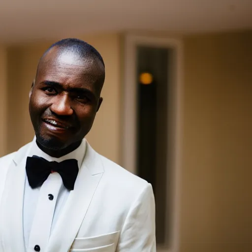 Prompt: closeup of a well groomed African man wearing a white tuxedo, standing in a hotel lobby; bokeh cinematic portrait, realistic photo, 32mm lens