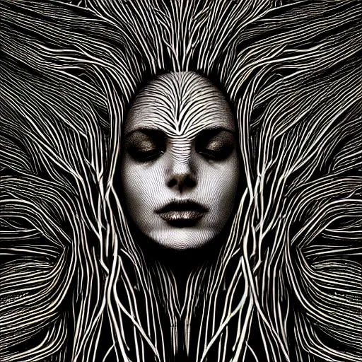 Image similar to digital art, Abstract art, portrait of humain female body made of roots, intricate roots, trending on artstation, -640