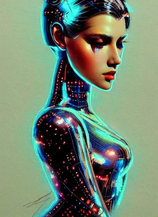 Image similar to photorealistic portrait of female humanoid, cyber neon lights, highly intricate, retro 6 0 s haute couture fashion, elegant, highly detailed, crispy quality, trending on artstation, trending on pinterest, glamor pose, no signature, no watermark, art by artgerm and greg rutkowski