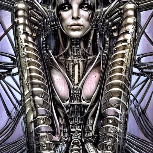 Prompt: britney spears encased in biomechanical machine, heavy conduits, complex scene, rich composition, heavy in detail, corruption, decay, grime, smooth, sharp focus, airbrush, illustration, symmetrical, portrait, art by h. r. giger