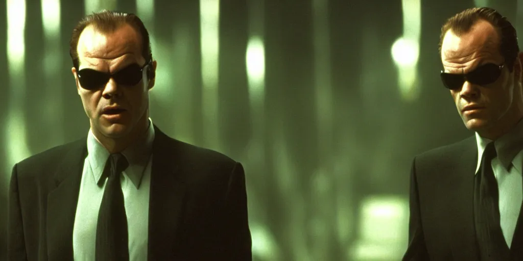 Image similar to Jack Nicholson as Agent Smith on the matrix, 1999, cinematic composition, cinemascope,