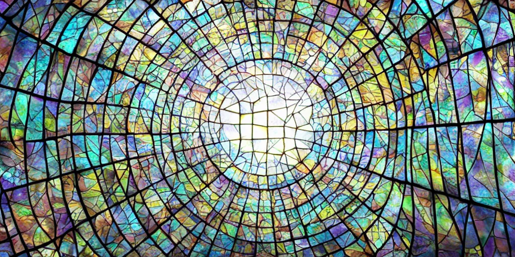 Prompt: warped stained glass windows into infinite worlds, surreal architecture, ambient occlusion, upside down world, hyperrealistic photorealism