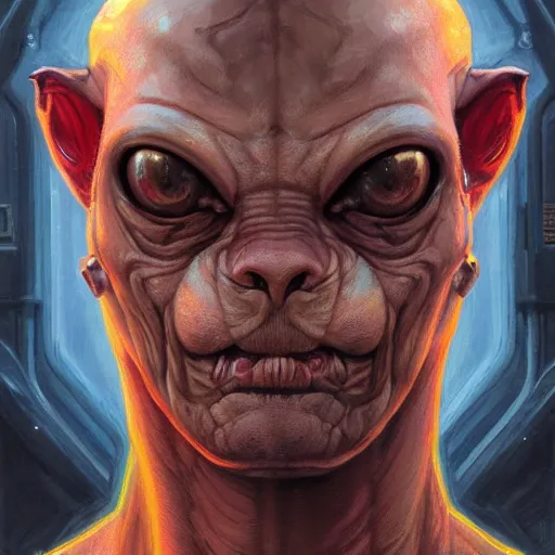 Image similar to the doomslayer as anthropomorphic sphynx cat a realistic scifi cyberpunk, visible face closeup portrait art by donato giancola and greg rutkowski, vintage retro scifi, realistic face, digital art, trending on artstation, symmetry