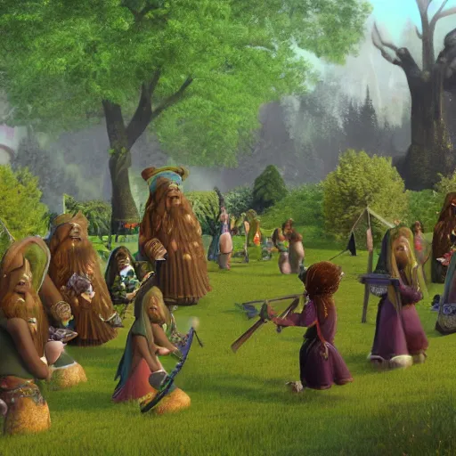 Prompt: a beatiful dwarven festival in a fertile green park with surreal elven nature, lots of gnome children, a gnome rock band concert and dwarven BBQ