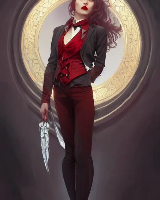 Image similar to female vampire, gold waistcoat, red shirt, grey hair, red necktie, cinematic, stunning, highly detailed, digital painting, artstation, smooth, hard focus, full body shot, illustration, art by artgerm and greg rutkowski and alphonse mucha