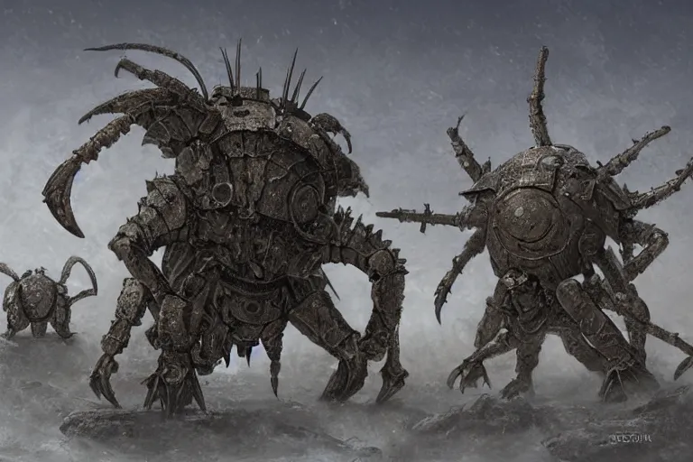 Image similar to giant armored ashigaru beetle war construct golem, glowing gnostic brian froud markings, rotating scythe blades, magic and steam - punk inspired, in an ancient stone circle on a plateau in a blizzard, kanji markings, concept painting by jessica rossier, hr giger, john berkey