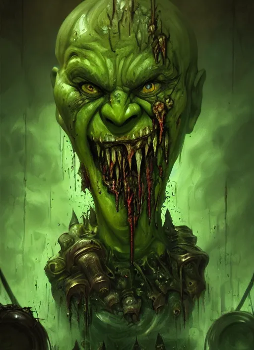 Prompt: portrait of nurgle, smiling, happy, jovial, rotting pools, evil, grim dark, gloomy, mist, warhammer 4 0 k, intricate, elegant, evil green candles, highly detailed, digital painting, artstation, concept art, smooth, sharp focus, illustration, art by wlop, mars ravelo and greg rutkowski