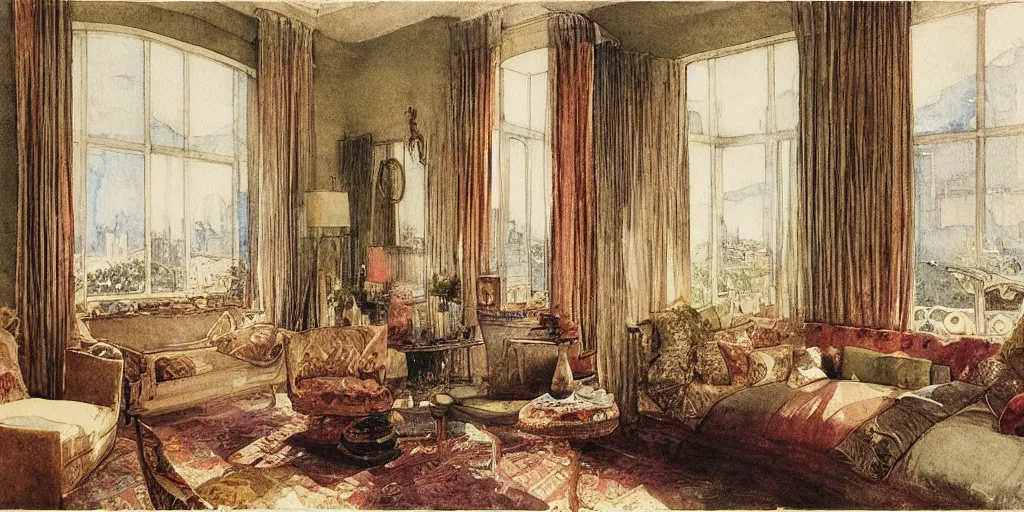 Image similar to a hiper intricate watercolor of a beauty modern living room, reflexions, intricate details, smooth, by william turner art, by greg rutowski by edmund dulac, by carl larson