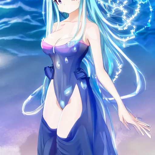 Prompt: a very beautiful anime girl wearing a dress made of water standing in a crystal lake , full body, long white hair with azure blue highlights blending into the dress , azure blue watery eyes, full round face, in a bath, seductive over the shoulder glances , lens flare, cinematic lighting, medium shot, mid-shot, highly realistically detailed, trending on pixiv , Unreal Engine 4k, Stanley Artgerm Lau, WLOP, Rossdraws, James Jean, Andrei Riabovitchev, Marc Simonetti, and Sakimichan