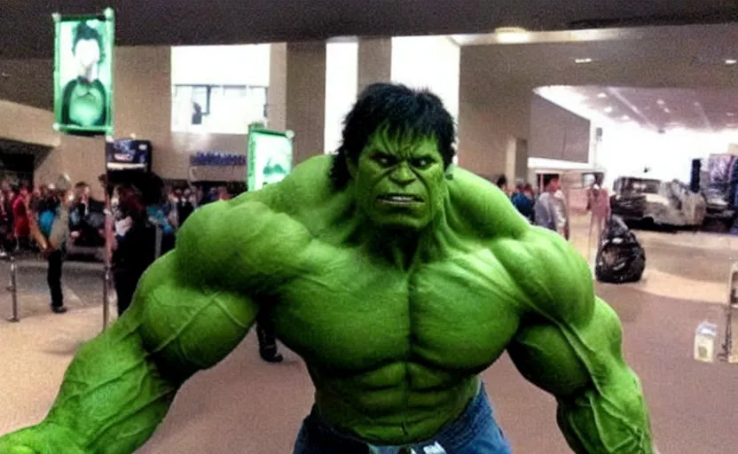 Image similar to a bad quality picture of a dude poorly cosplaying the incredible hulk,