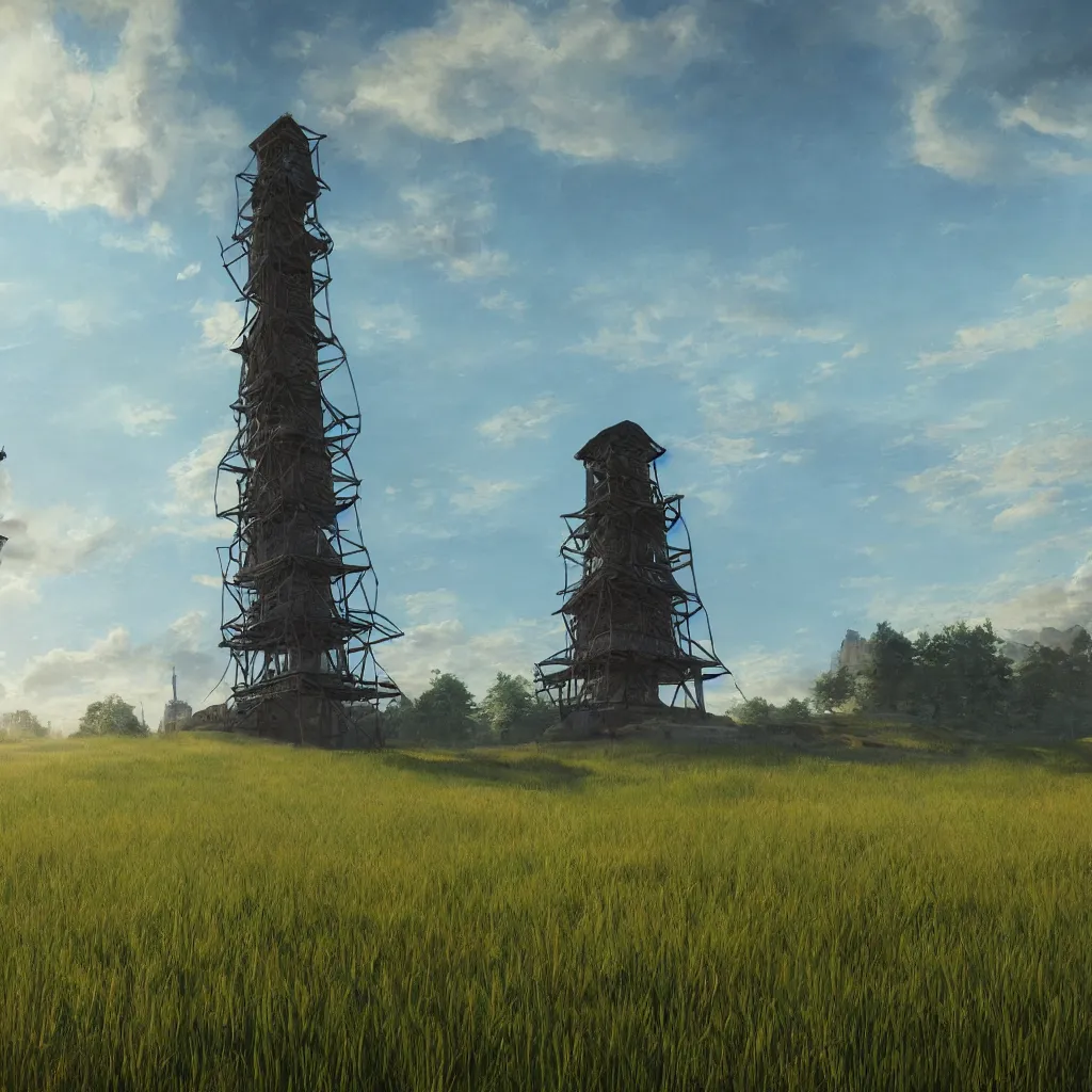 Prompt: a tower in the middle of a field with an artist studio on the top of the tower with green grass and nothing else around in an epic painting, unreal engine, station dramatic lighting