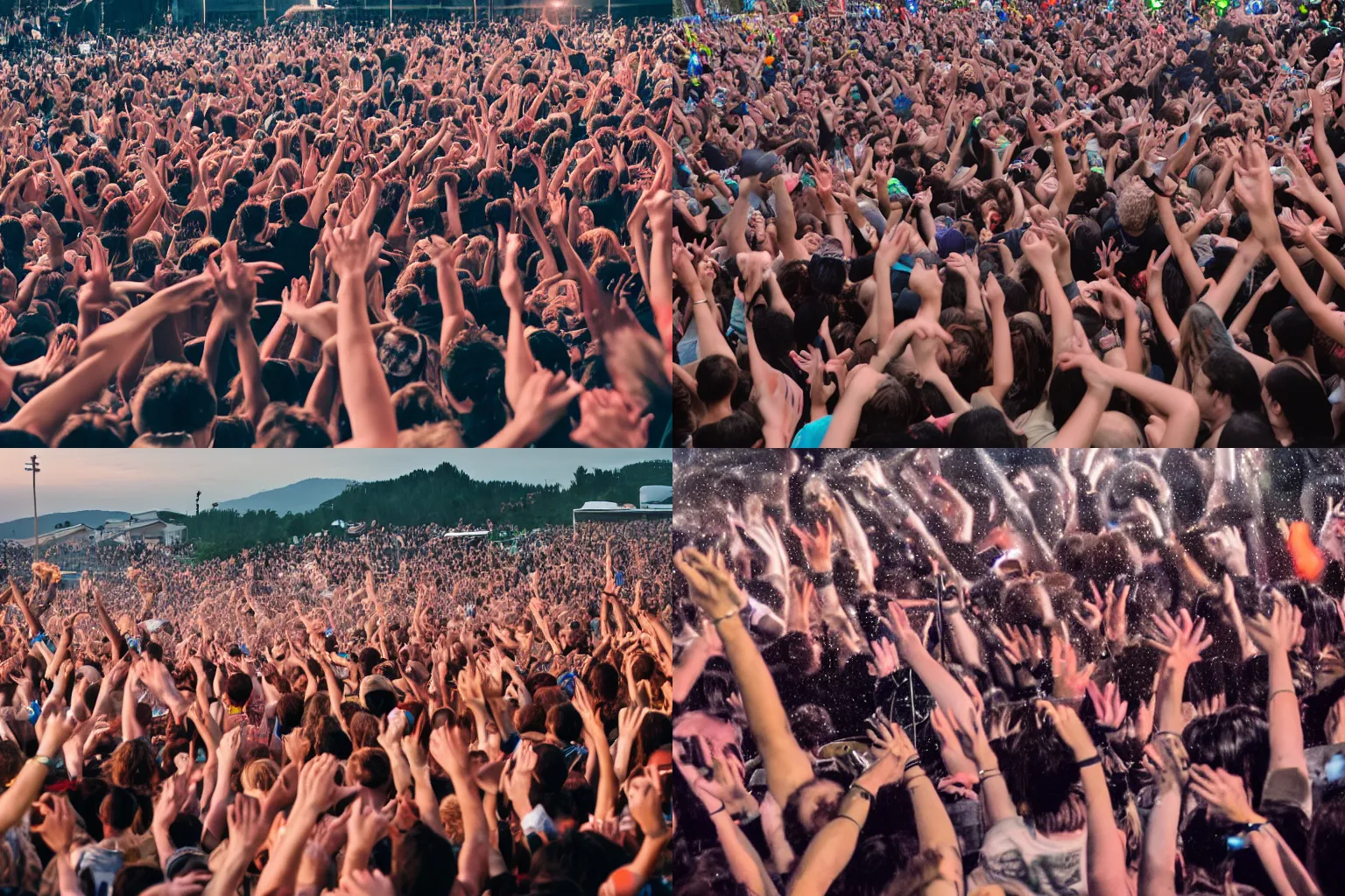 Prompt: rock concert during tsunami, concert photography, dynamic perspective, moshing crowd, water