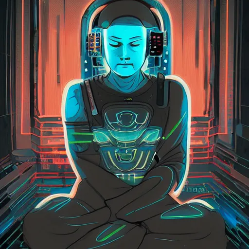 Image similar to a cyberpunk meditator by sakiyama, illustration, masterpiece