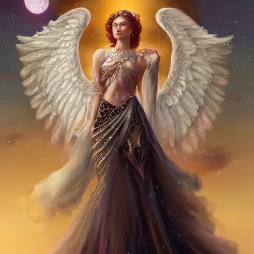 Image similar to A beautiful digital painting of a female angel full of jewels, princess, the moon behind her, intricate, cinematic lighting, highly detailed, digital painting, Artstation, concept art, smooth, sharp focus, illustration, art by Tom Bagshaw, Artgerm and Greg Rutkowski