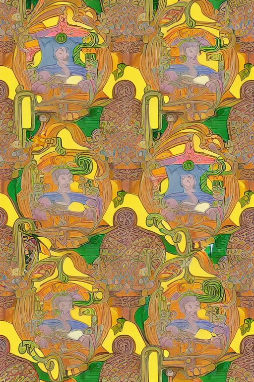 Image similar to seamless 2 d pattern of bizarre musical instruments, highly detailed, designed by tarsila do amaral and alphonse mucha, graphic design, 8 k, 4 k