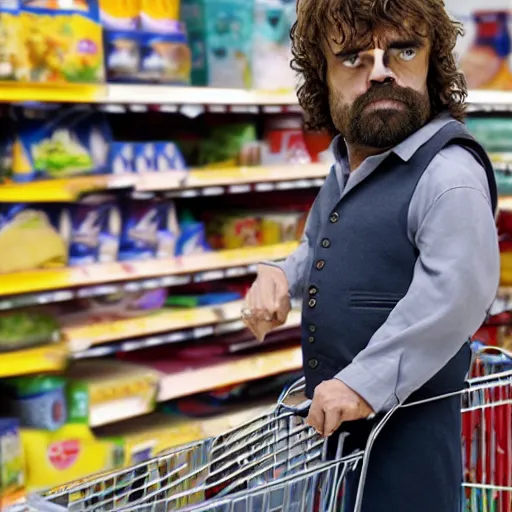 Image similar to film still of extremely tall peter dinklage shopping at walmart, shopping cart full of spaghetti