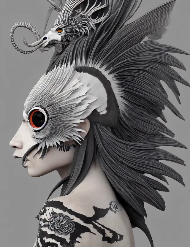 Image similar to 3 d goddess close - up profile simple portrait punk with mohawk with goat skull. beautiful intricately detailed japanese crow kitsune mask and clasical japanese kimono. betta fish, jellyfish phoenix, bio luminescent, plasma, ice, water, wind, creature, artwork by tooth wu and wlop and beeple and greg rutkowski