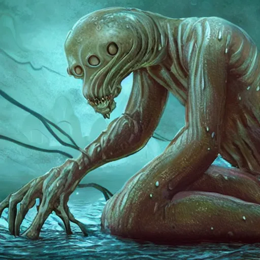 Image similar to creepy humanoid merfolk monster, slimy, wet, disturbingly long fingers, crawling up from shallow water, atmospheric, highly detailed, illustration, concept art, scary