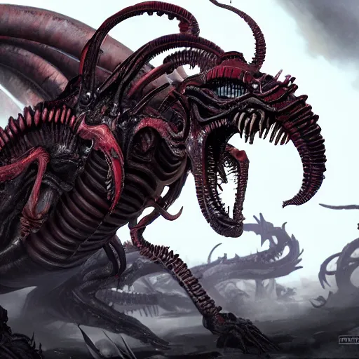 Image similar to xenomorph combined with tyranid ripper swarm, concept art