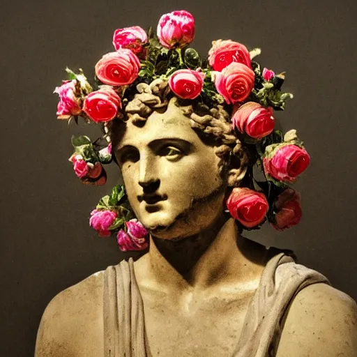 Image similar to portrait of a greek statue covered in roses, by julia pott