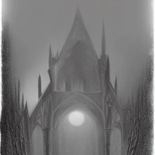 Image similar to a pencil drawing of a old cathedral ruin in a red misty dark fantasy forest. moody. volumetric light. full moon. godrays