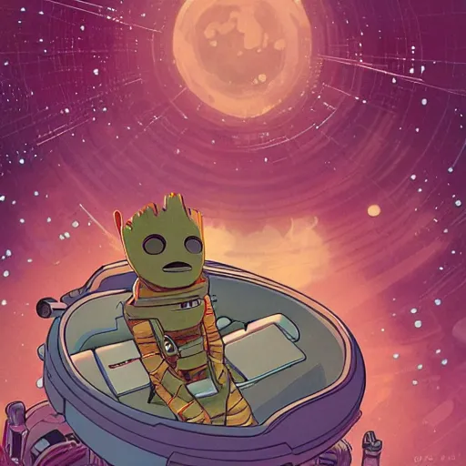 Prompt: baby groot lies flat in the space ship, by victo ngai