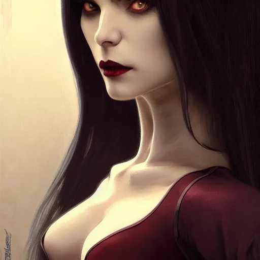 Image similar to perfectly - centered - portrait - photograph of evil sinister vampire, the perfect human female specimen, intricate, elegant, super highly detailed, professional digital painting, artstation, concept art, smooth, sharp focus, no blur, no dof, extreme illustration, unreal engine 5, 8 k, art by artgerm and greg rutkowski and alphonse mucha loish and wlop