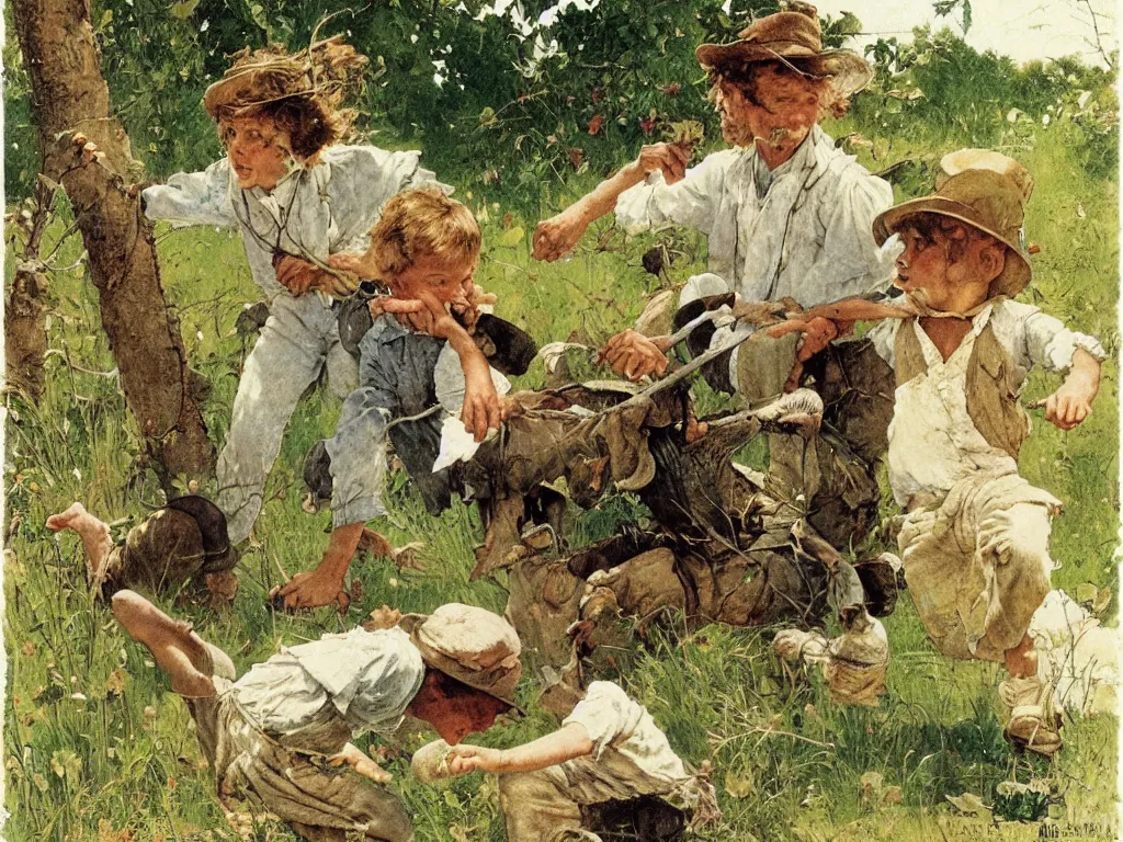 Image similar to the adventures of tom sawyer and huckleberry finn, illustrated by norman rockwell, playful, naturalistic, simple life, mississippi, colorful, landscape