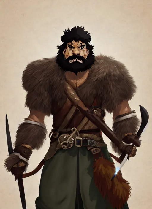 Image similar to strong young man, bugbear ranger, black beard, dungeons and dragons, pathfinder, roleplaying game art, hunters gear, flaming sword, jeweled ornate leather armour, concept art, character design on white background, by studio ghibli, makoto shinkai, kim jung giu, poster art, game art