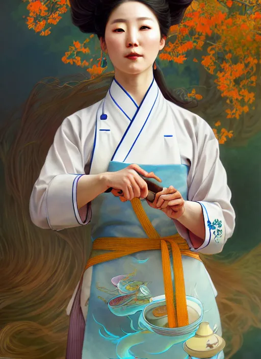 Prompt: character concept of a south korean female chef, wearing a beautiful hanbok inspired apron, holding magical kitchen knives, beautiful rivers of energy flowing in background, by peter mohrbacher and alphonse mucha and loish, 4 k, high resolution, intricate, hyperdetailed, photorealistic, artstation, smooth, sharp focus