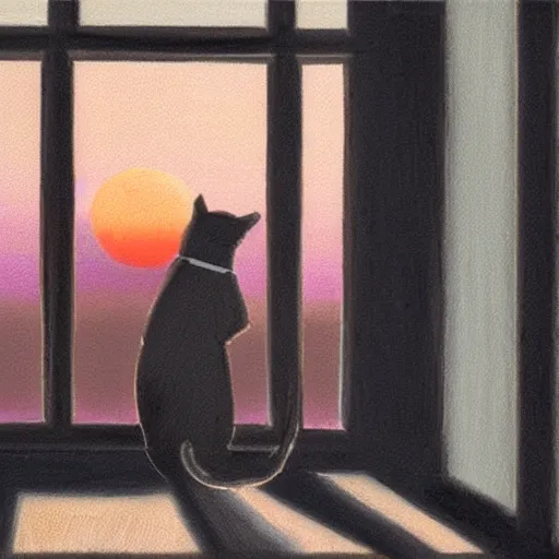 Prompt: cat smoking a cigarette by a window, dramatic sunset lighting, oil painting, award winning