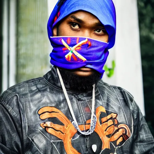 Image similar to crips gang member with batik bandana and parang rusak logo in their hood - realistic - photorealistic - hd - trending hood photos of the year - ilustrator - detailed