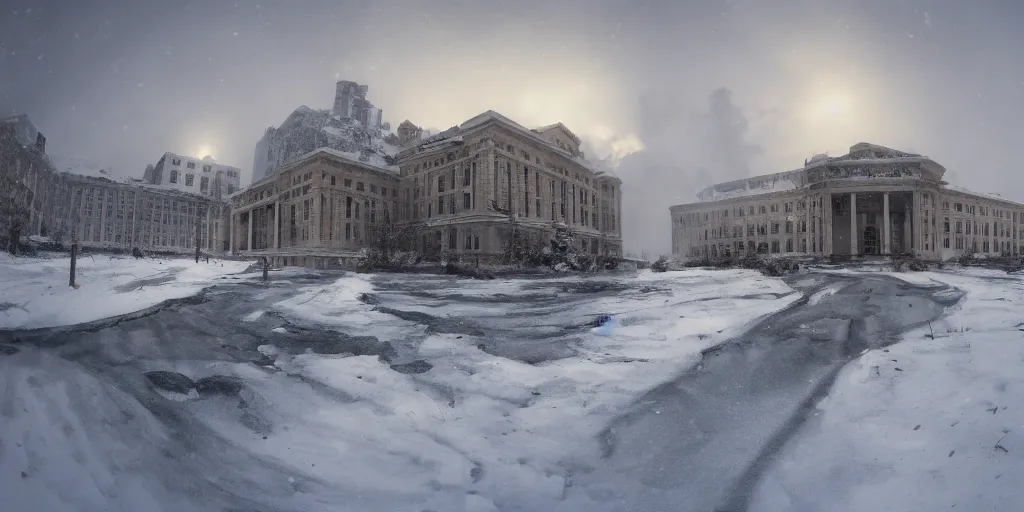 Image similar to huge building, trending on artstation, 4 k, tyndall effect, snow day ， cinematic ， ultra wide angle