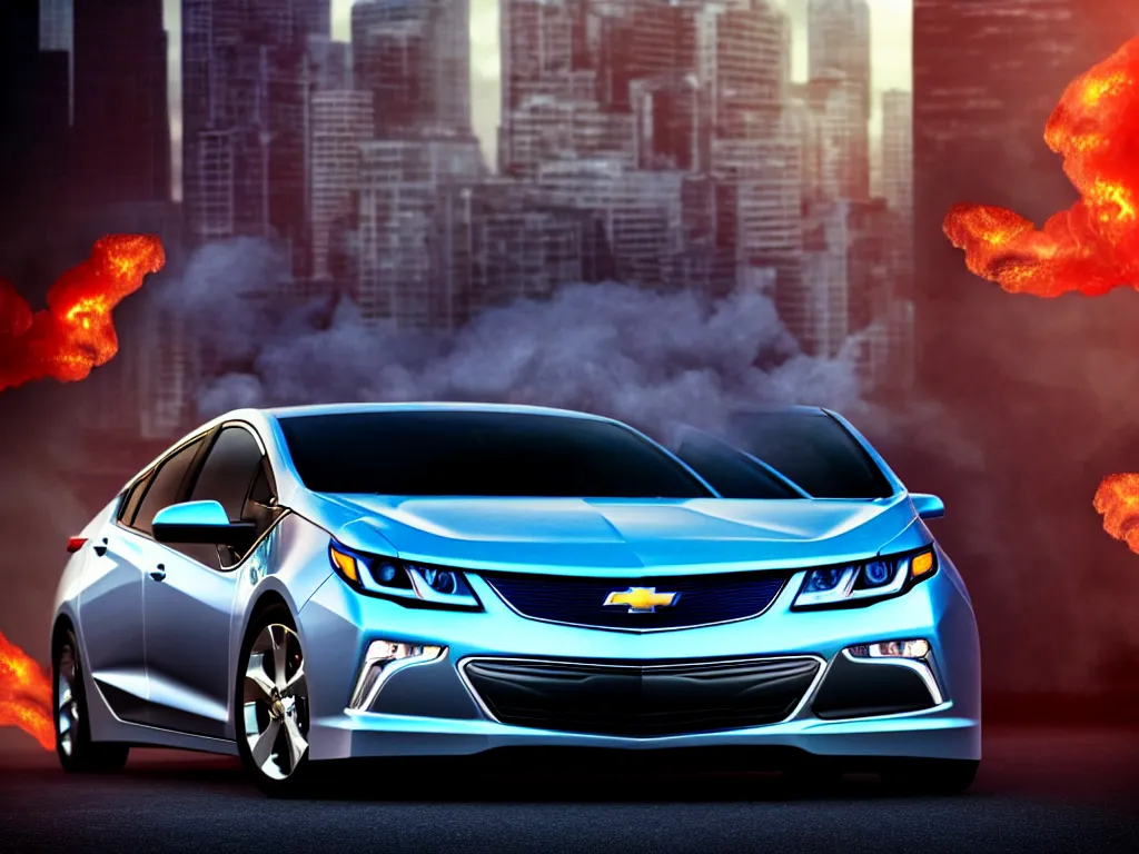Image similar to chevy volt close up with a city street background, smoke, fi, chrome, shiny, reflective, metallic, 3 d, render, realistic, hdr, stan winston studios, dramatic lighting, flame colors bright