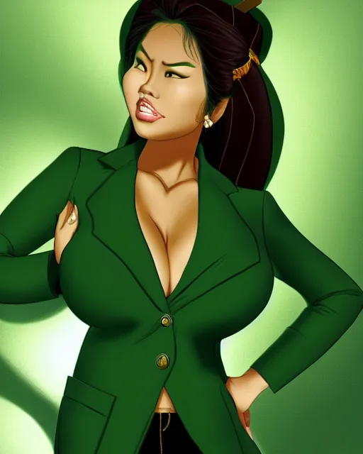 Image similar to alluring heavy filipina woman character portrait, by don bluth, fully - clothed, wearing dark - green blazer, sci - fi environment, highly detailed, dynamic shadows, 4 k, wallpaper - 1 0 2 4