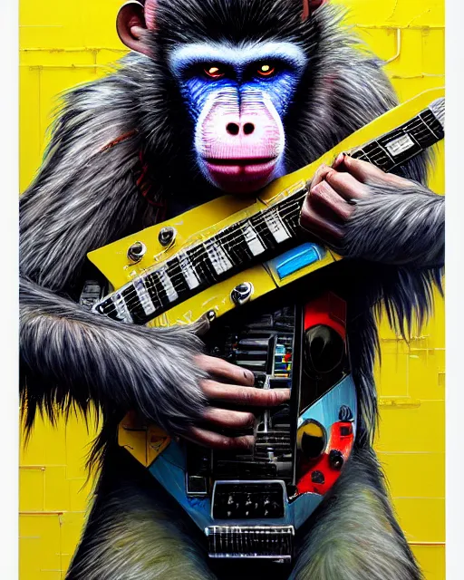 Image similar to a portrait of an anthropomorphic cyberpunk baboon shredding an electric guitar by sandra chevrier, by jon foster, detailed render, tape deck, epic composition, cybernetics, 4 k realistic, cryengine, realistic shaded lighting, sharp focus, masterpiece, by enki bilal