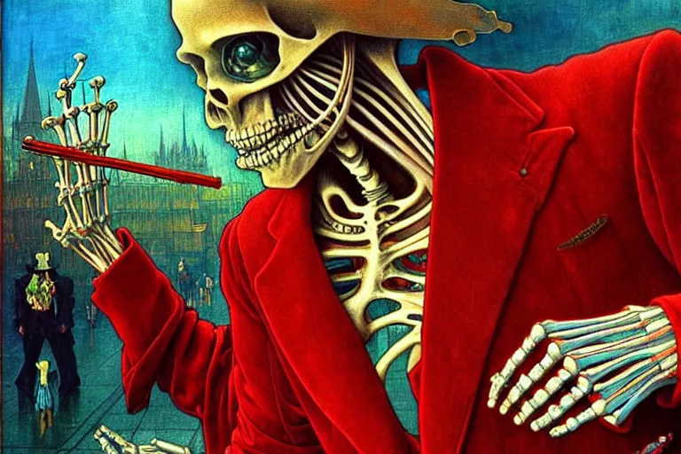 Prompt: realistic detailed closeup portrait painting of a single skeleton smoking wearing red velvet blazer in a crowded futuristic moscow street by Jean Delville, Amano, Yves Tanguy, Alphonse Mucha, Ernst Haeckel, Edward Robert Hughes, Roger Dean, rich moody colours, blue eyes