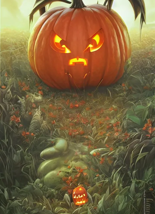 Prompt: BioPunk Pumpkaboo grass ghost pumpkin pokemon chunky little fella portrait by Tristan Eaton_Stanley Artgerm and Tom Bagshaw,