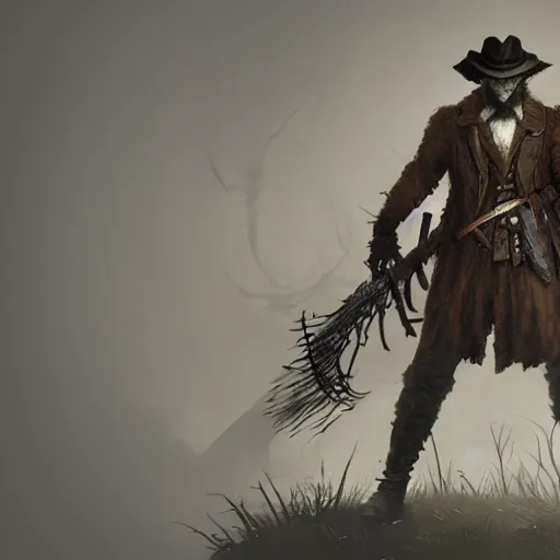 Image similar to an ultra detailed vector image of bob ross dressed as the hunter from bloodborne, concept art by alphonse mucha and greg rutkowski, praise the blood moon, octane render, liminal space