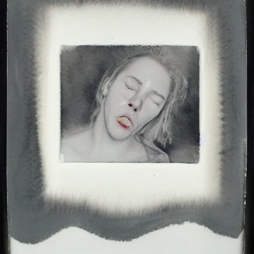 Image similar to a liquid white clay porcelain portrait of a human face melt down flow go runny, realistic detailed watercolor polaroid, grainy image, contrast