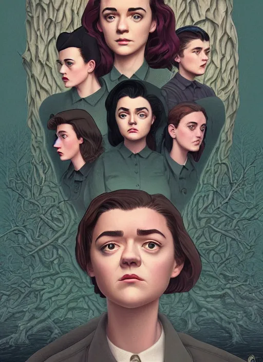 Prompt: Twin Peaks poster artwork by Michael Whelan and Tomer Hanuka, Rendering of Zendaya, Maisie Williams and Jennifer Connelly are high school students attending a funeral from scene from Twin Peaks, full of details, by Makoto Shinkai and thomas kinkade, Matte painting, trending on artstation and unreal engine