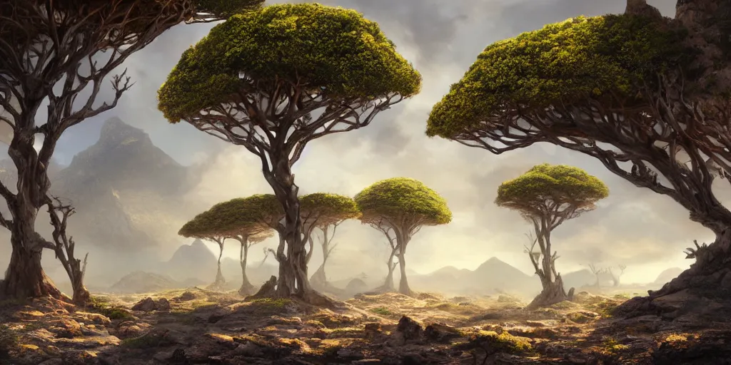 Image similar to Lively landscape of a socotra island filled with socotra dragon trees realistic detailed digital art by Maxwell Boas Jessica Rossier Christian Dimi