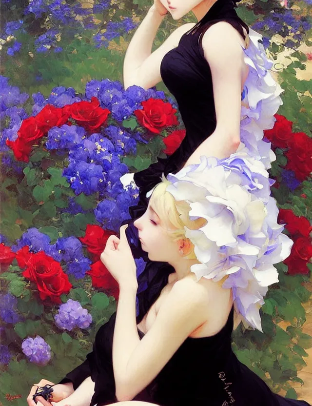 Prompt: beautiful anime woman in tight black dress sitting among blue roses, krenz cushart, mucha, by joaquin sorolla rhads leyendecker, by ohara koson