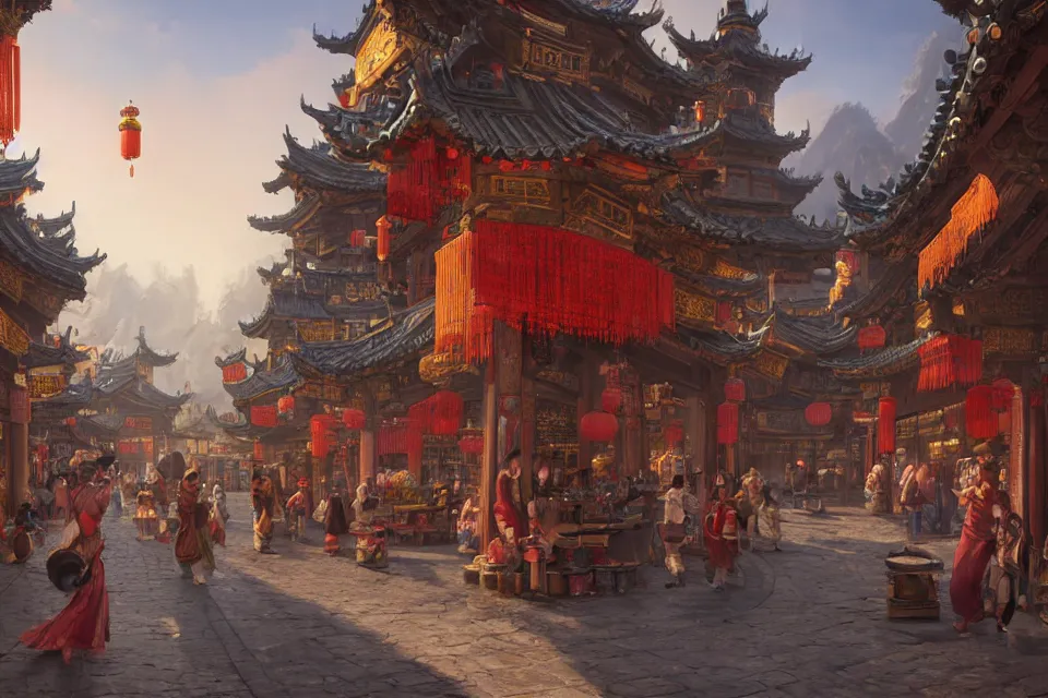 Image similar to an original game concept scene painting of an opulent marketplace street scene in chinese style ， super wide angle, magnificent and gorgeous atmosphere ， matte painting ， rtx on ， by moebius, neil blevins and jordan grimmer ， trending on cgsociety and artstation, unreal engine ， volumetric light ， surreal