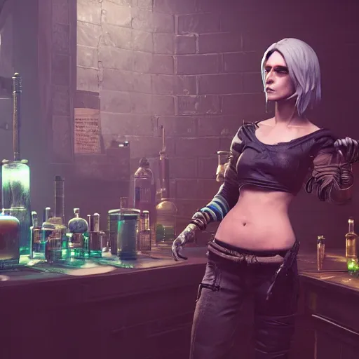 Image similar to cyberpunk alchemy laboratory full of potions, ciri from the witcher. stunning 3 d render, flesh texture, realistic, highly detailed attributes and atmosphere, dim volumetric cinematic lighting, 8 k octane detailed render, post - processing, masterpiece, rtx on, rendering on unreal engine